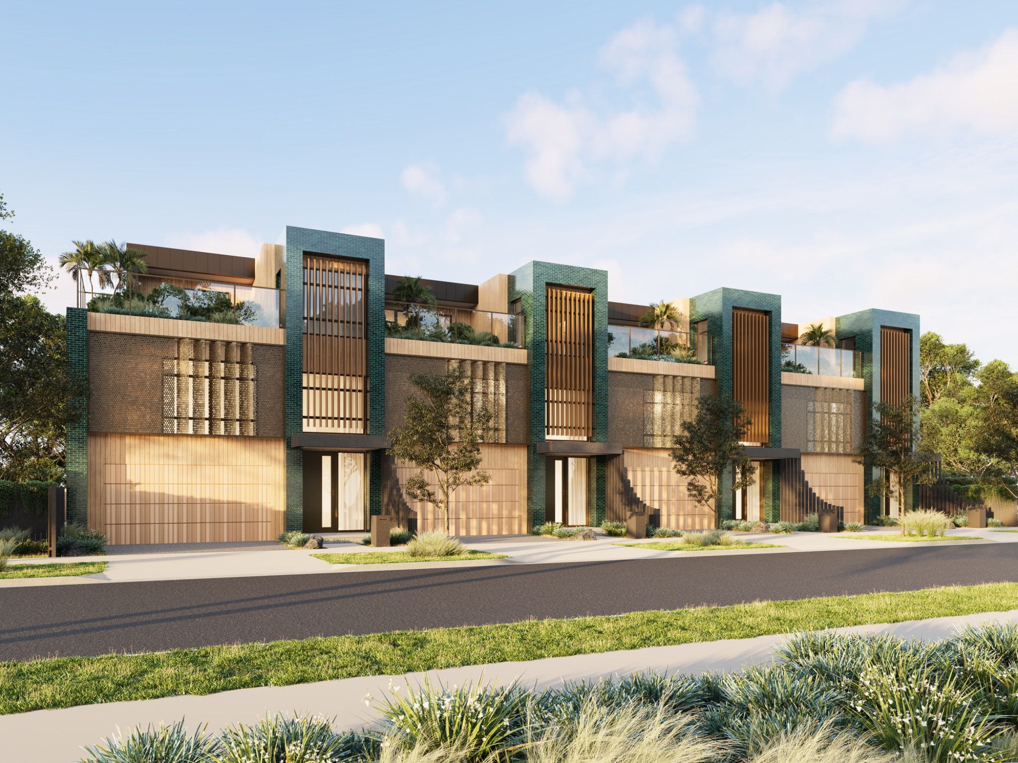 Photorealistic streetscape 3D render of contemporary three-storey townhouses at 11 Dublin Street, Christchurch Central City, with brick facades, vertical screens and rooftop terraces