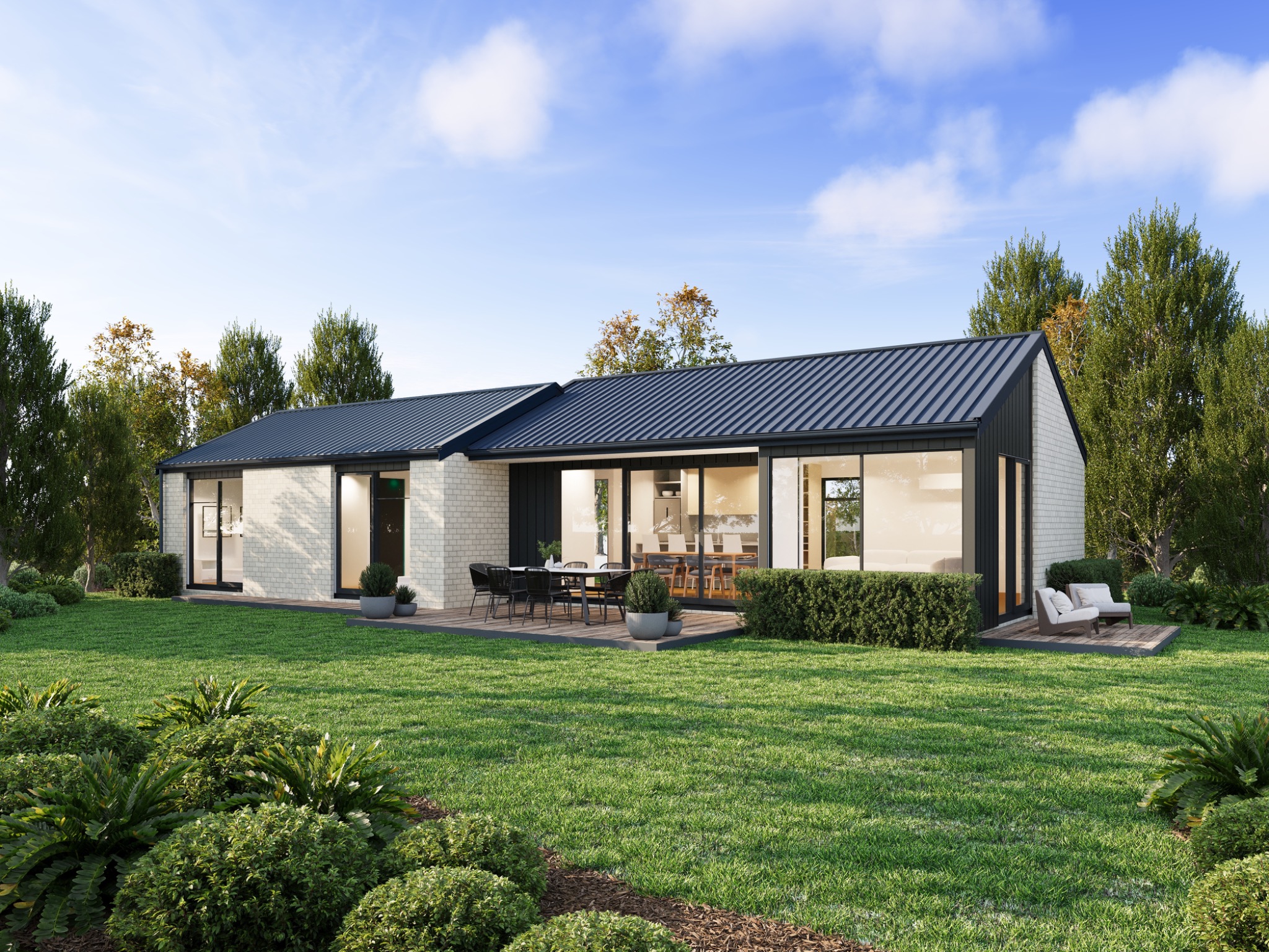 Photorealistic rear exterior 3D render of a modern single-storey home at 132A Eden Street, Oamaru, Otago, with white brick, dark gabled roofing, patio and landscaped lawn