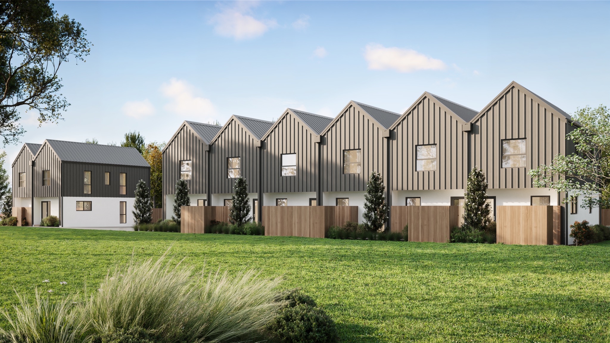 Photorealistic exterior 3D render of contemporary gabled townhouses at 3 Pannell Avenue, Wainoni, Christchurch, with dark vertical cladding, timber fencing and landscaped open space