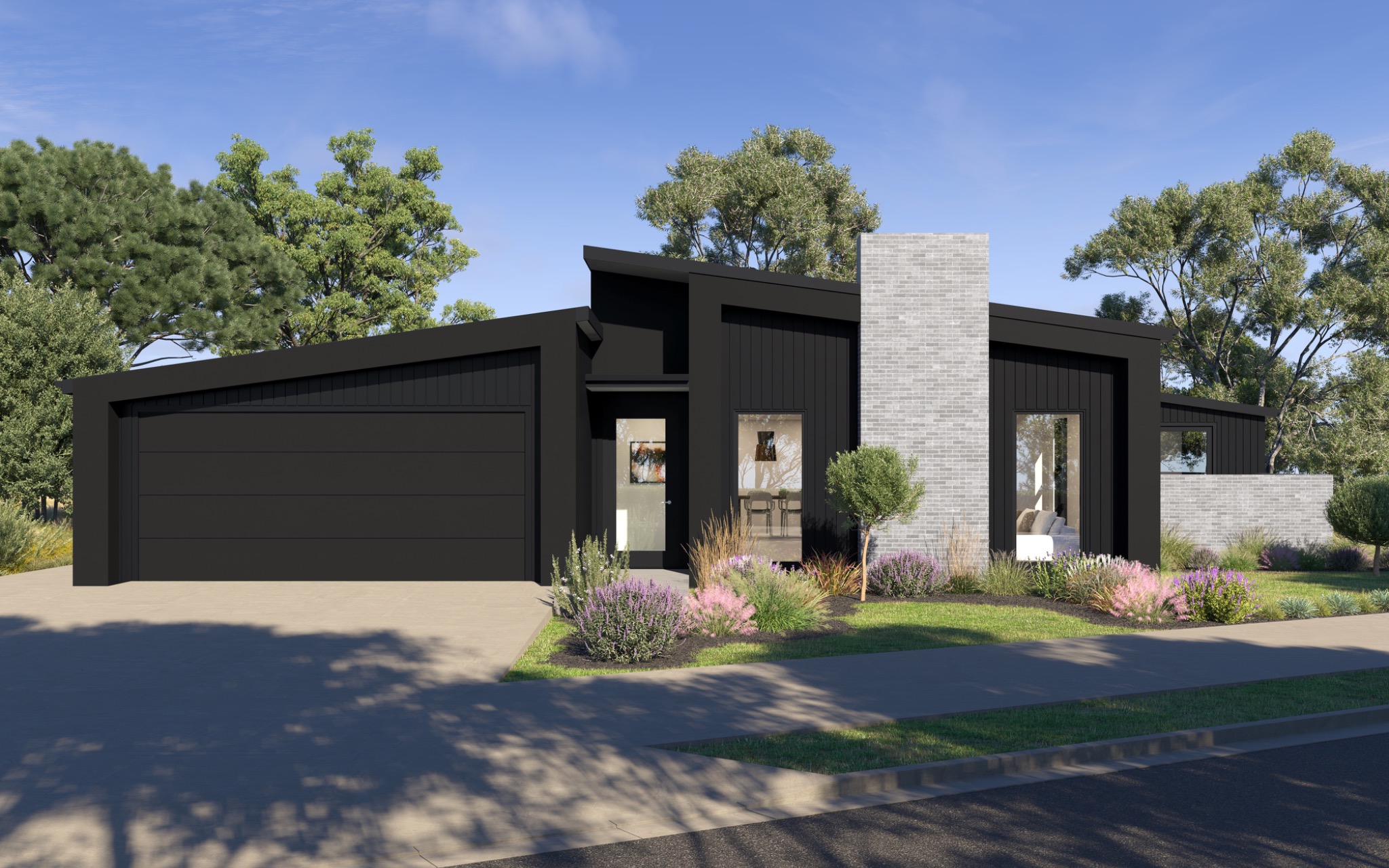 Photorealistic exterior 3D render of a contemporary black-clad single-storey residence at 86 Ford Road, Marewa, Napier, with light brickwork and landscaped gardens