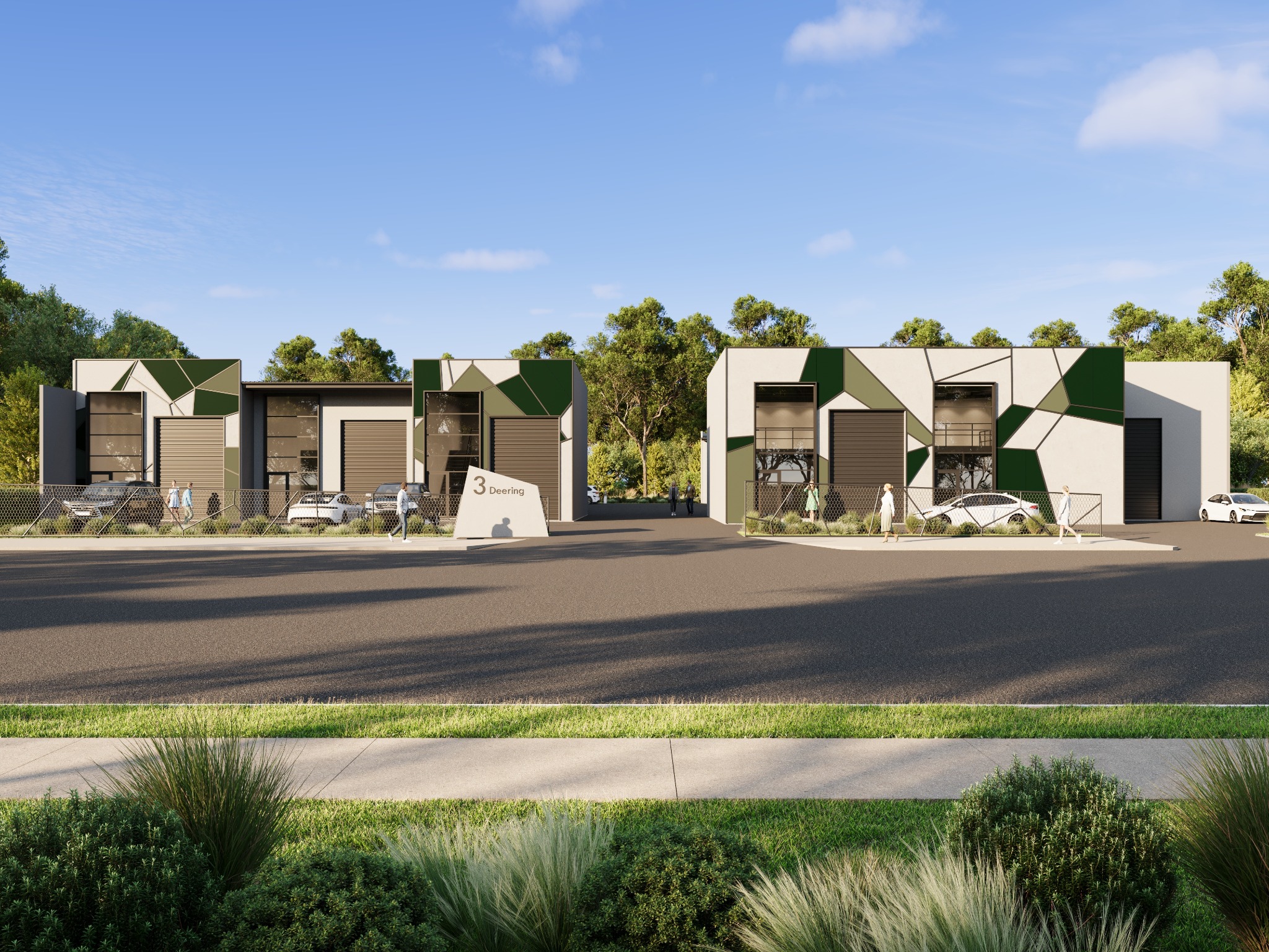 Izone Industrial Units architectural visualisation in Rolleston, Canterbury, created to communicate the design, materials, spatial planning and finished project experience for New Zealand clients. Photorealistic industrial streetscape render for Izone Industrial Units in Rolleston, Canterbury, New Zealand